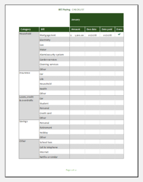 Bill payment calendar and checklist template