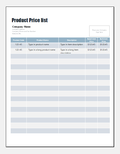 Product price list template