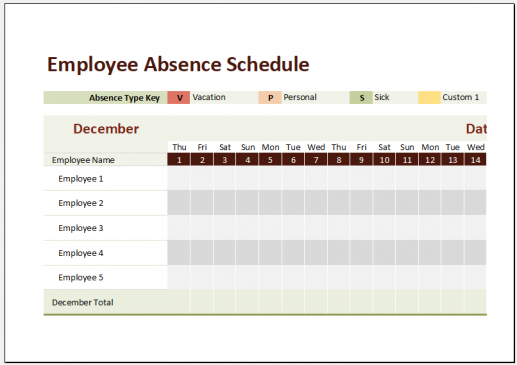 Employee Absence Schedule Template for Excel