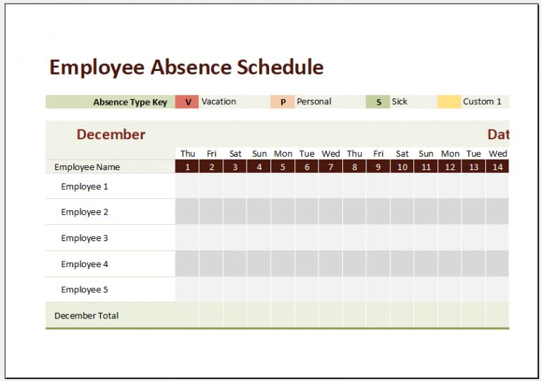 Employee Absence Schedule Template for Excel Microsoft Excel Templates