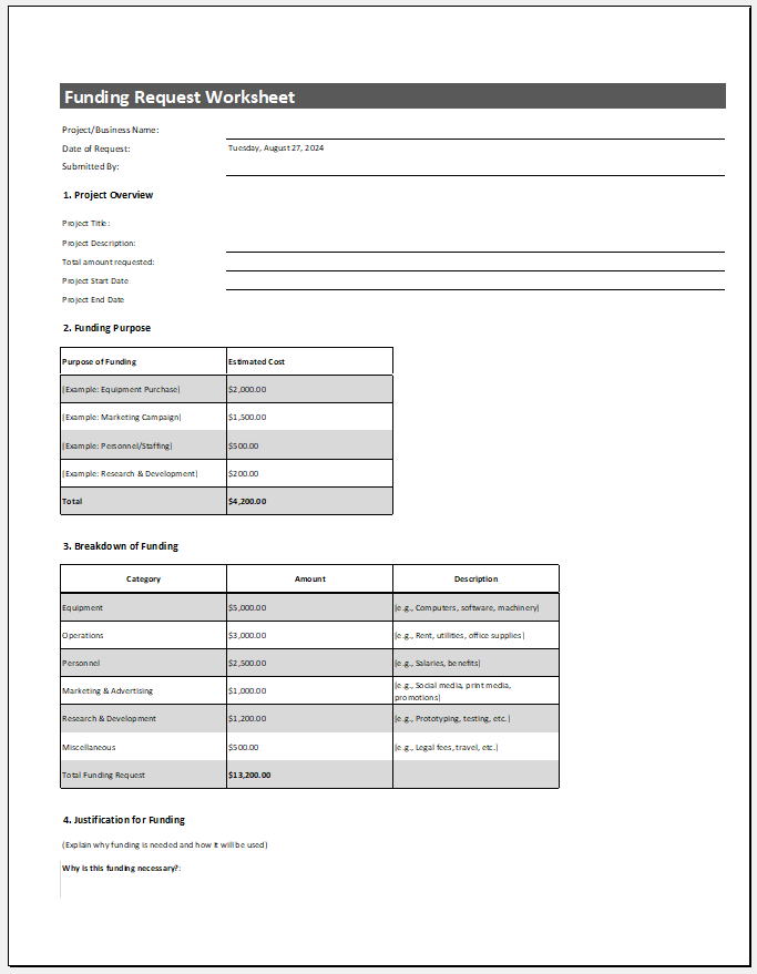 Funding request worksheet