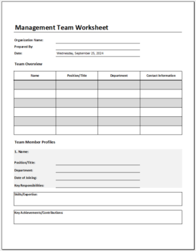 Management Team worksheet template