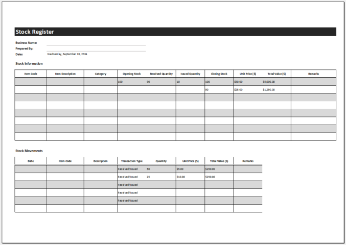 Stock Register Template | Microsoft Excel Templates