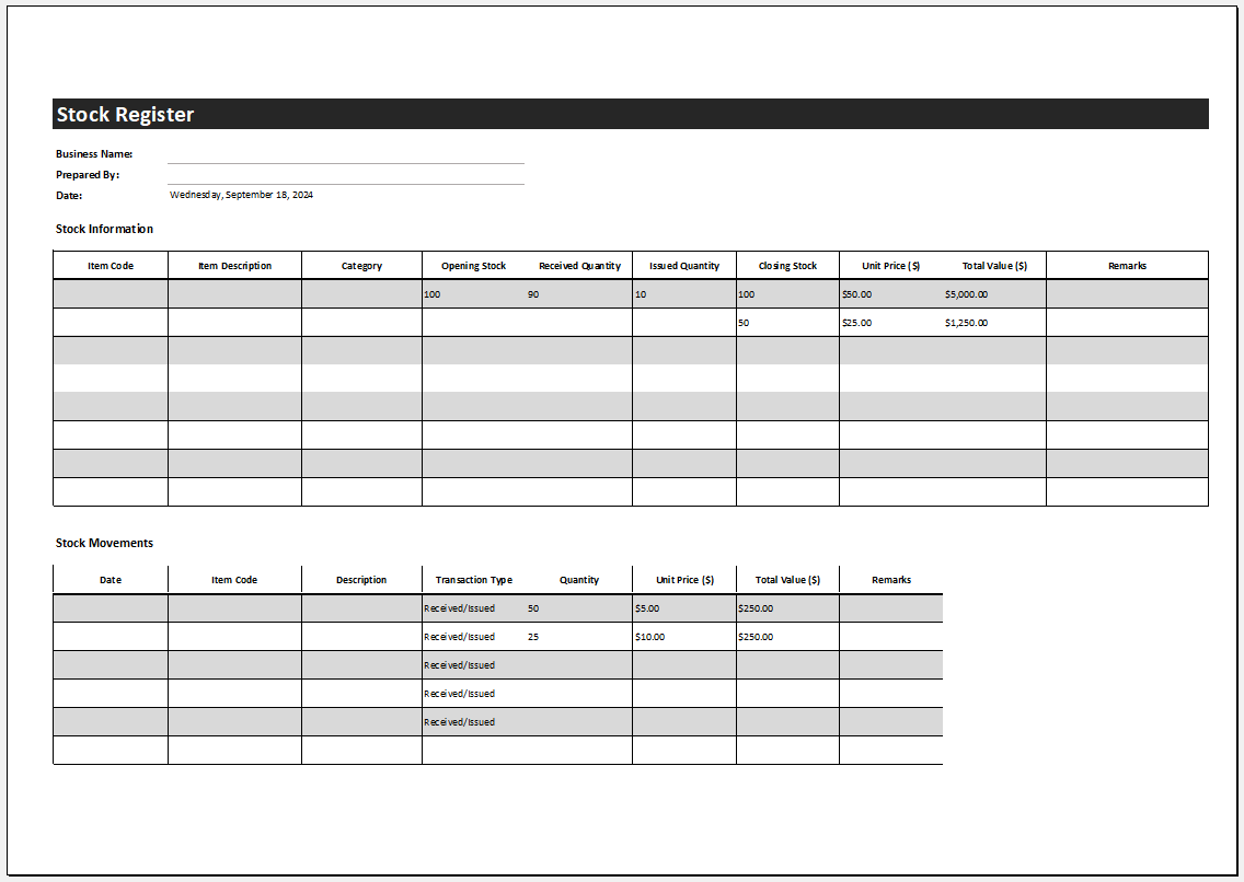 Stock Register Template