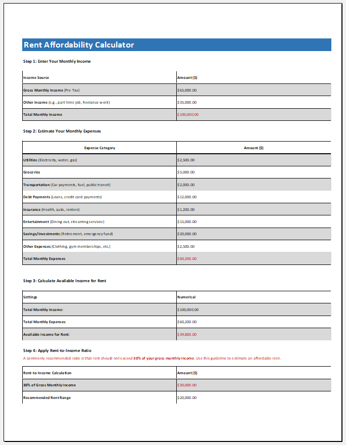 Rent Affordability Calculator Template