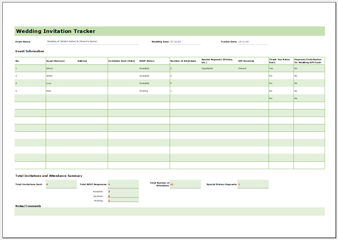 Wedding invitation tracker Template