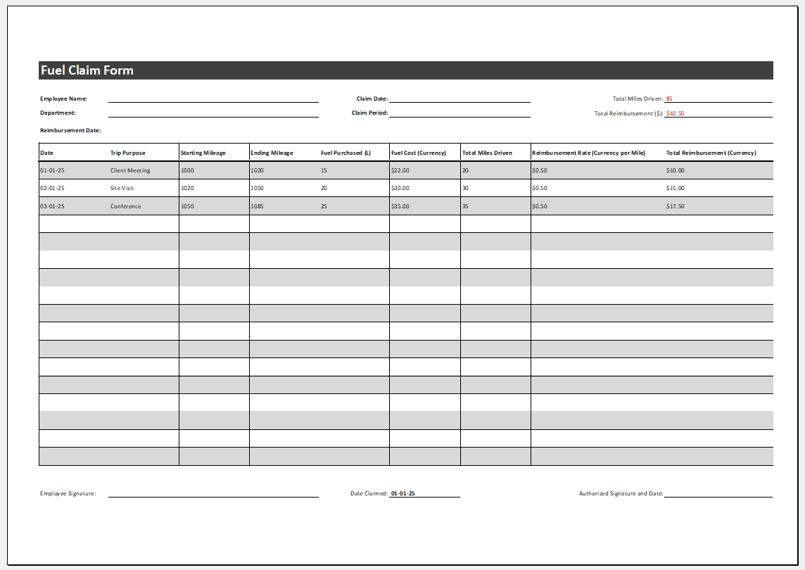 Fuel Claim Form Template