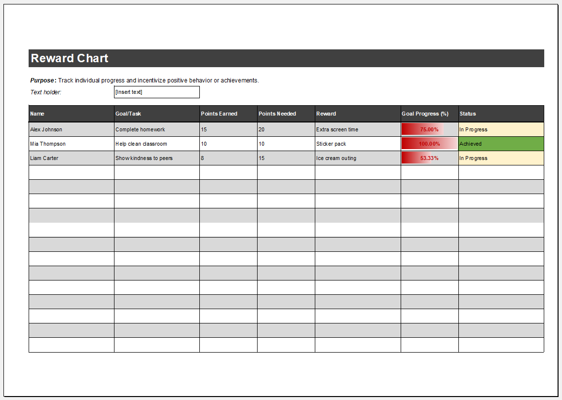 Reward Chart Template for Excel