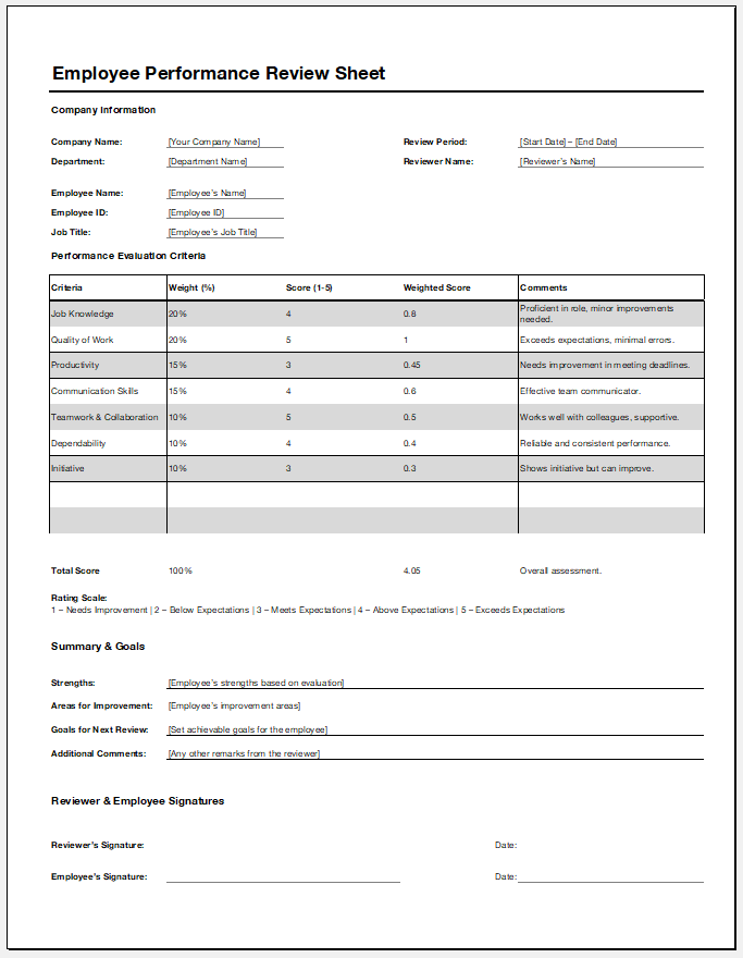 Employee performance review sheet for Excel